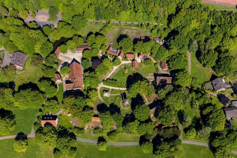 Aerial view, Mühlenhof-Freilichtmuseum Münster, mill, Münster, Münsterland, North Rhine-Westphalia,