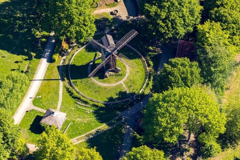 Aerial view, Mühlenhof-Freilichtmuseum Münster, mill, Münster, Münsterland, North Rhine-Westphalia,
