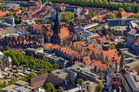 Aerial view, old town, Prinzipalmarkt, catholic St. Lamberti church, Münster, Münsterland, North
