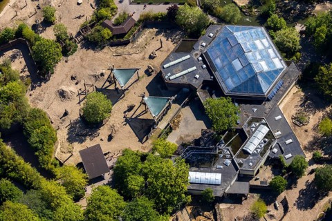 Aerial view, all-weather zoo Münster, elephant house, Münster, Münsterland, North Rhine-Westphalia,