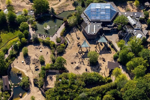 Aerial view, all-weather zoo Münster, elephant house, Münster, Münsterland, North Rhine-Westphalia,