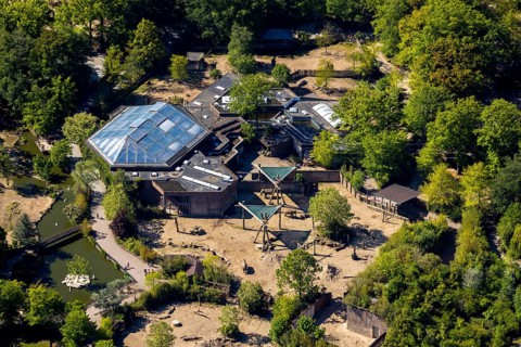 Aerial view, all-weather zoo Münster, elephant house, open-air grounds, Münster, Münsterland, North