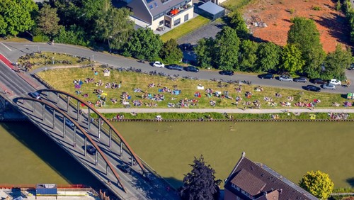 Aerial view, bathing at the canal, Dortmund-Ems canal, sunbathing lawn, sunbathing,