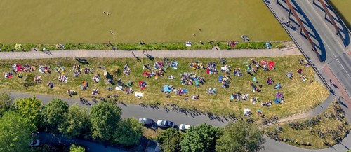 Aerial view, bathing at the canal, Dortmund-Ems canal, sunbathing lawn, sunbathing,