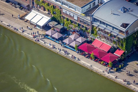 Aerial view, Münster city harbour, harbour promenade, harbour, Münster, Münsterland, North