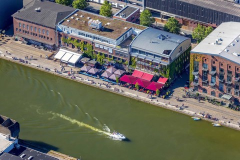 Aerial view, Münster city harbour, harbour promenade, harbour, Münster, Münsterland, North