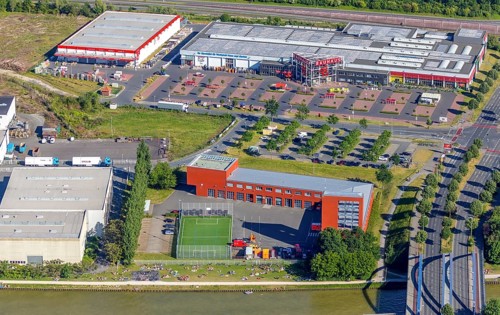 Aerial view, bathing at the canal, sunbathing lawn, fire station II, fire brigade at the