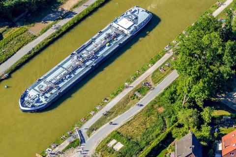 Aerial view, bathing at the canal, sunbathing lawn, shipping Dortmund-Ems-Kanal,