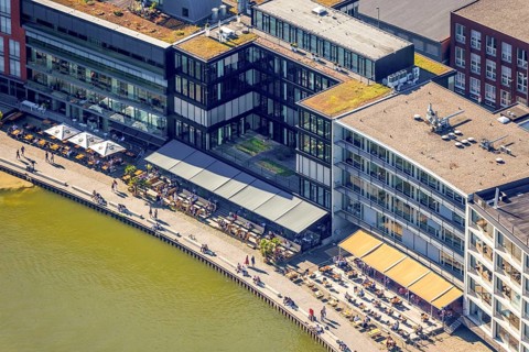 Aerial view, Münster city harbour, harbour promenade, harbour, Münster, Münsterland, North