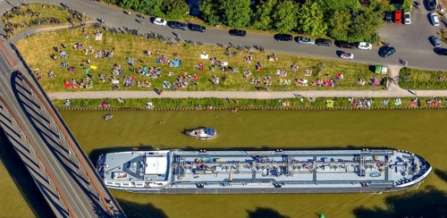 Aerial view, bathing at the canal, Dortmund-Ems canal, sunbathing lawn, sunbathing,
