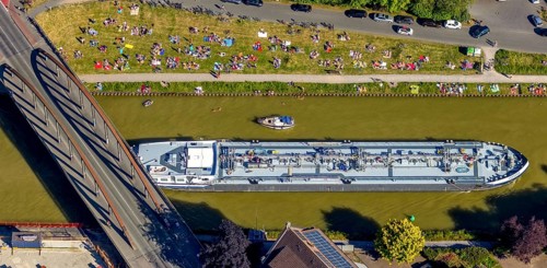 Aerial view, bathing at the canal, Dortmund-Ems canal, sunbathing lawn, sunbathing,