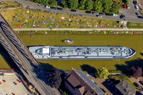 Aerial view, bathing at the canal, Dortmund-Ems canal, sunbathing lawn, sunbathing,
