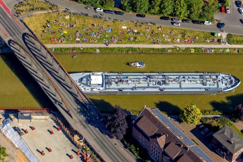 Aerial view, bathing at the canal, Dortmund-Ems canal, sunbathing lawn, sunbathing,