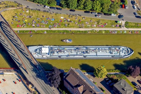 Aerial view, bathing at the canal, Dortmund-Ems canal, sunbathing lawn, sunbathing,