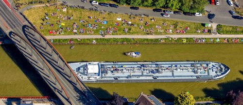 Aerial view, bathing at the canal, Dortmund-Ems canal, sunbathing lawn, sunbathing,