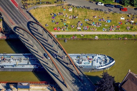 Aerial view, bathing at the canal, Dortmund-Ems canal, sunbathing lawn, sunbathing,