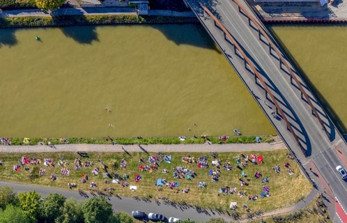 Aerial view, bathing at the canal, Dortmund-Ems canal, sunbathing lawn, sunbathing,