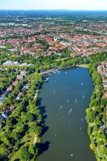 Aerial view, sailboats on the Aasee, old town view, Aasee Park, Münster, Münsterland, North