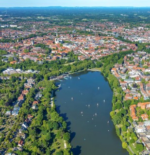 Aerial view, sailboats on the Aasee, old town view, Aasee Park, Münster, Münsterland, North