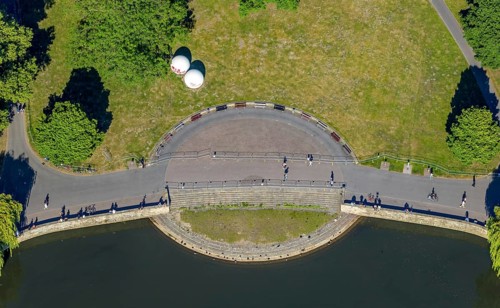 Aerial view, Aasee, sculpture Giant Pool Balls, Münster, Münsterland, North Rhine-Westphalia,