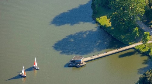 Aerial view, sailboats on the Aasee, pier, Jorge Pardo Pier, Münster, Münsterland, North