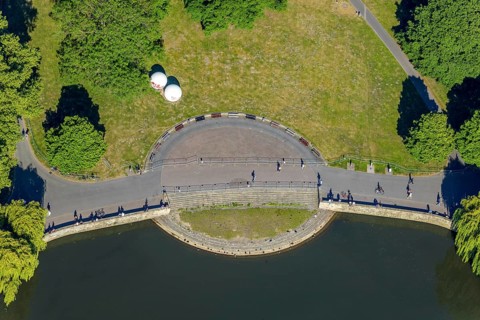 Aerial view, Aasee, sculpture Giant Pool Balls, Münster, Münsterland, North Rhine-Westphalia,
