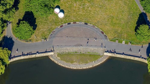Aerial view, Aasee, sculpture Giant Pool Balls, Münster, Münsterland, North Rhine-Westphalia,