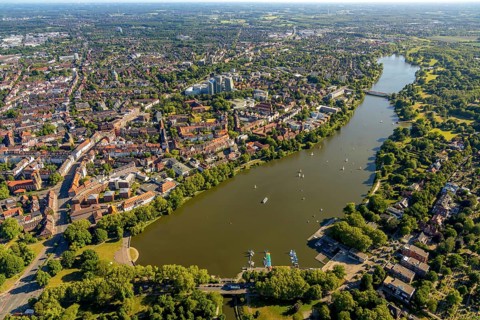 Aerial view, Aasee, Torminbrücke, sailing boats, overwater, Münster, Münsterland, North