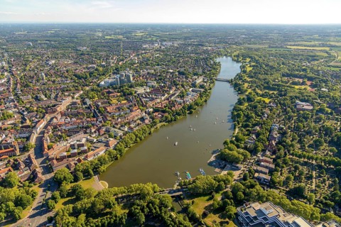 Aerial view, Aasee, Torminbrücke, sailing boats, overwater, Münster, Münsterland, North