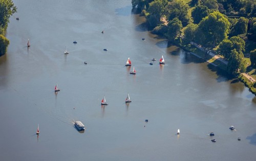Aerial view, sailing boats on the Aasee, Münster, Münsterland, North Rhine-Westphalia, Germany,