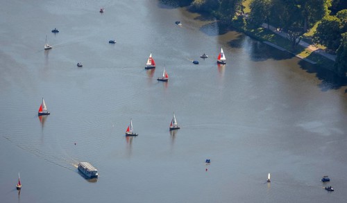 Aerial view, sailing boats on the Aasee, Münster, Münsterland, North Rhine-Westphalia, Germany,