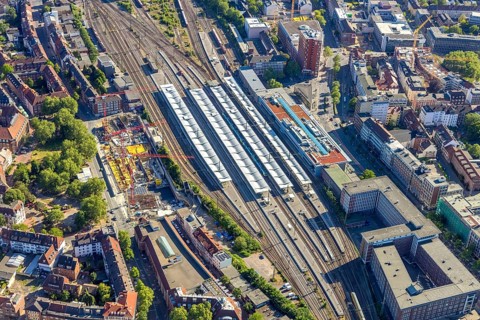 Aerial view, Münster main station, construction site residential and hotel complex, Mauritz,