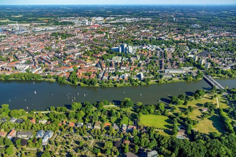 Aerial photograph, sailing boats on the Aasee, water tower, LVM Versicherung Zentrale, Westdeutsche