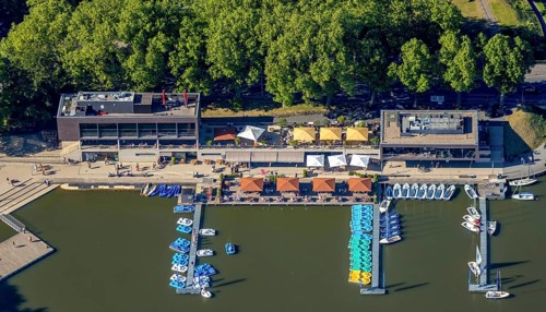 Aerial view, gastronomy at the Aasee, AASEE-AKTIV boats, sailing school Overschmidt, Pluggendorf,