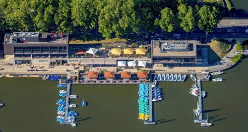 Aerial view, gastronomy at the Aasee, AASEE-AKTIV boats, sailing school Overschmidt, Pluggendorf,