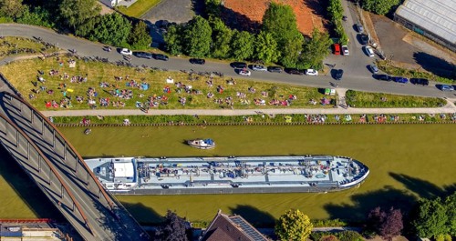 Aerial view, bathing at the canal, Dortmund-Ems canal, sunbathing lawn, sunbathing,