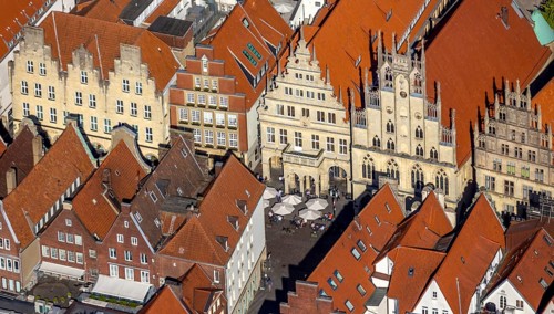 Aerial view, Prinzipalmarkt, historic town hall, overwater, Münster, Münsterland, North