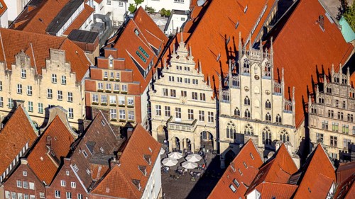 Aerial view, Prinzipalmarkt, historic town hall, overwater, Münster, Münsterland, North
