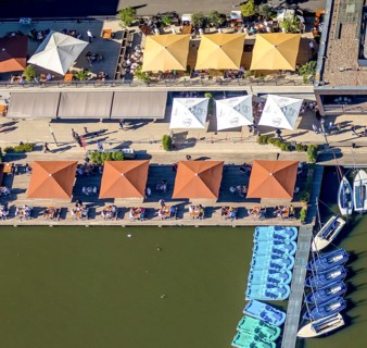 Aerial view, gastronomy at the Aasee, AASEE-AKTIV boats, sailing school Overschmidt, Pluggendorf,