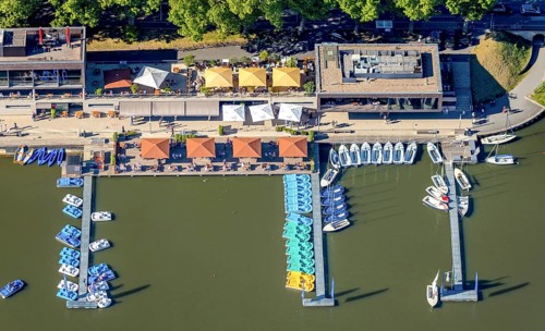Aerial view, gastronomy at the Aasee, AASEE-AKTIV boats, sailing school Overschmidt, Pluggendorf,