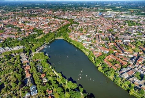 Aerial view, sailing boats on the Aasee, Aasee Park, old town view, cathedral, Münster,