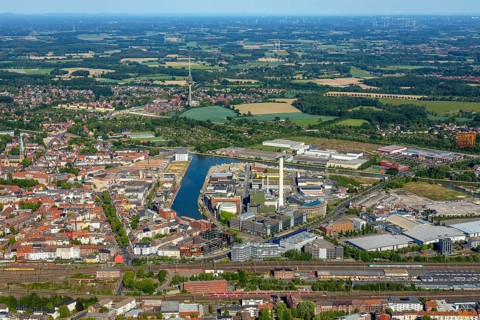 Aerial view, Stadthafen Münster, harbour promenade, harbour, Stadtwerke Münster, City of Münster -