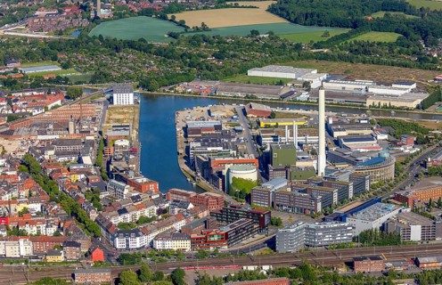 Aerial view, Stadthafen Münster, harbour promenade, harbour, Stadtwerke Münster, City of Münster -