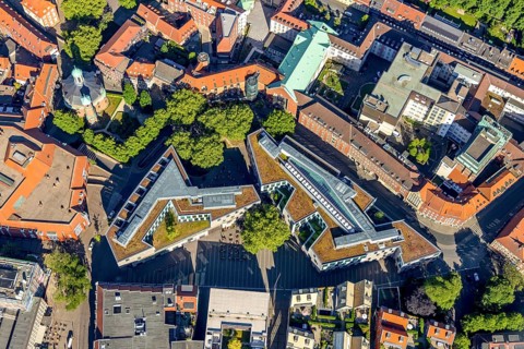 Aerial view, cath. Clemenskirche, Stubengasse shopping centre, Münster, Münsterland, North