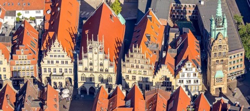 Aerial view, Prinzipalmarkt, historic town hall, Stadthausturm, overwater, Münster, Münsterland,