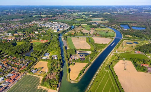 Aerial view, Canal Island Hiltrup, BASF Coatings plant site, Dortmund-Ems Canal, Dortmund-Ems Canal