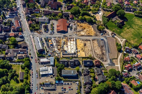 Aerial view, construction site Eschweiler site Westfalenstraße, new construction single-family