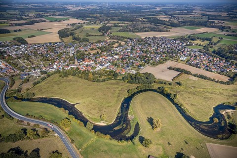 Aerial view, river Lippe, Lippe meadows, nature reserve, bridge Heintroper Straße over the Lippe,