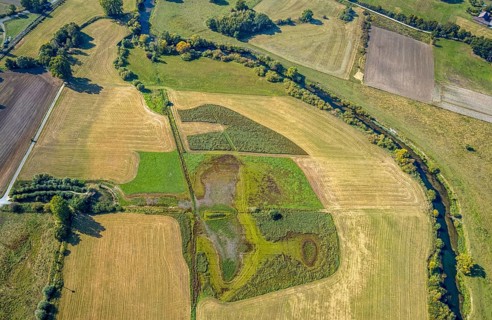 Aerial view, observation hut Disselmersch in the Lippe floodplains, river Lippe, Büninghausener