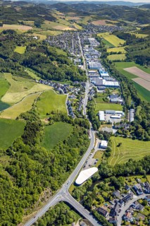Aerial view, commercial area Bielefelder Straße, residential area Elspe, river Lenne, Trockenbrück,